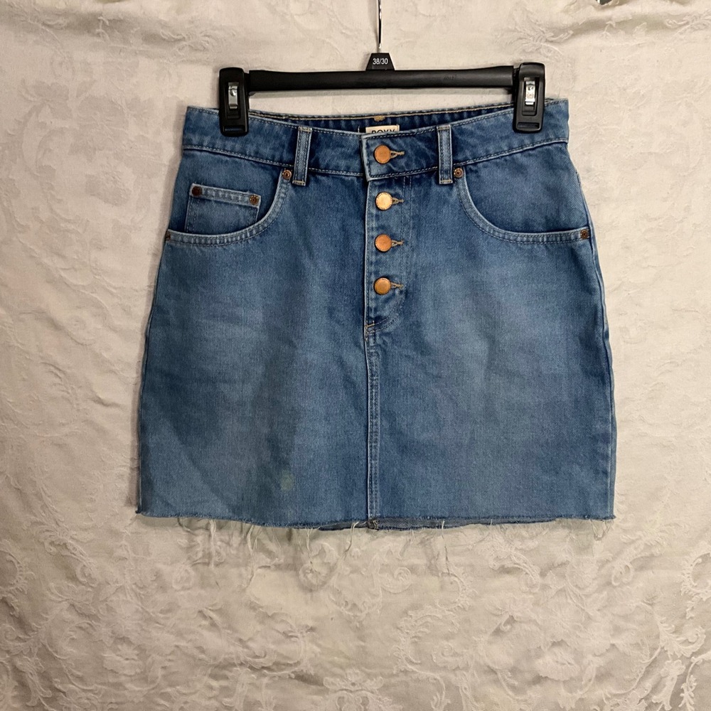 ROXY Denim Skirt‎ Button Fly Raw Hem Blue Jean Women's Size S